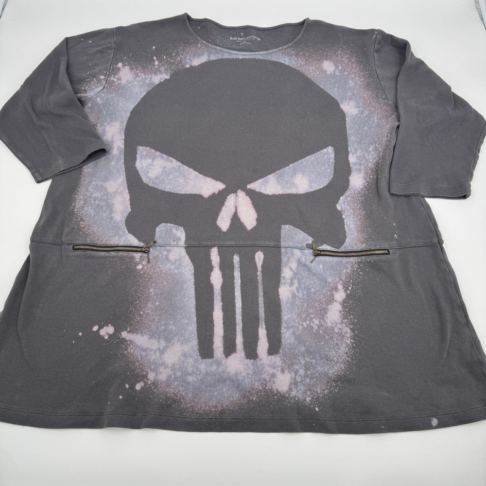 Soft Surroundings X Punisher Tunic Womens 2X Gray Bleach Dye Skull Zipper Pocket